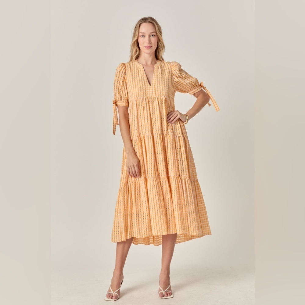 English factory Gingham Tiered Midi Dress Bow Tie Sleeves Orange XS pockets pink - Picture 5 of 14